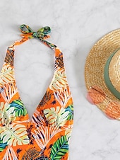 economico Tankini-Costume da bagno tankini da donna 2 pezzi arricciato palmo cheeky controllo pancia vita alta slinguato senza schiena vacanza in spiaggia scollatura a halter floreale senza maniche