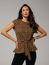 お買い得  アート＆デザインのブラウス-オールコットンのヒョウ柄ツイストデザイントップス、バケーション