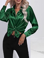 abordables Blouses Unies-Femmes Chemise Elegant Haut en satin Chemisier Boutons Uni Élégant ancien manche longue Col de chemise Hauts Réguliers Fête Sortir Jaune Rouge Bleu Roi Rose Gris Été Printemps