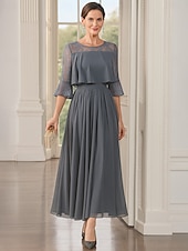 abordables Longitud a la altura del tobillo-Vestido de Fiesta en Línea A de Longitud de Té Ankle Length Vestido de Cóctel Vestido de Invitada de Boda Vestido de Madre de la Novia de Manga Larga Cuello Redondo Fiesta Elegante Vintage con