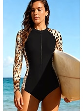 baratos Rash Guards de Uma Peça-Mulheres Segunda-pele para Mergulho Roupa de banho Conjunto de maiô Leopardo Zip Up UPF50+ Secagem Rápida Leve Manga Longa Camisa de Natação Surfe Praia Esportes Aquáticos Verão
