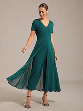 abordables Jumpsuits-Combinaison femme vert foncé col V design à panneaux imitation deux pièces fluide aspect transparent tissu extensible destination mariage invité printemps été automne