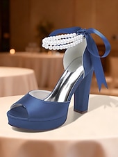 baratos Sandálias de Plataforma-Sandálias femininas de salto alto plataforma em cetim roxo com tira de pérolas no tornozelo - sapatos de festa glamorosos de bico aberto para eventos noturnos, casamentos e coquetéis.