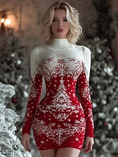 abordables Christmas Dresses-Women's Sweater Dress Stylish Snowflakes Turtleneck Print Long Sleeve Regular Tops Crop Tops Knit Christmas Red Fall Winter
