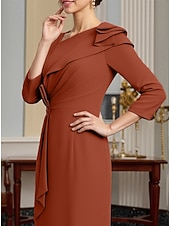 voordelige Thee Lengte-Sheath Column Tea Length Party Dress Cocktail Dress Wedding Guest Dress Mother of the Bride Dress Long Sleeve Square Neck Elegant Minimalist Formal Wedding Guest Stretch Fabric with Ruched Beading