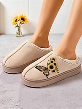 Χαμηλού Κόστους Γυναικείες Παντόφλες &amp; Σαγιονάρες-Γυναικείες παντόφλες με τυπωμένο ηλιοτρόπιο - ζεστά παπούτσια εσωτερικού χώρου με επένδυση από φλις και σχέδιο πεταλούδας, άνετα υποδήματα για το σπίτι για χειμερινά δώρα