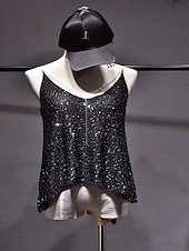 ieftine Rezervor simplu-Pentru femei Bluză Topuri cu paiete Camisole Tank Top Paiete Strălucire Fără Spate Simplu Elegant Metalic Stilat Fără manșon În V Topuri obișnuite Concediu Ieșire Negru Kaki Vară Primăvară Toamnă