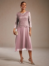 olcso Sifonruhákk-Női Midi ruha Sifon ruhák Elegáns Estély Esküvői vendég Flitter Csipke Normál Tömör szín Háromnegyedes Terített nyak Arcpír rózsaszín