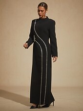 cheap Maxi Black Dress-Women's Maxi Dress Shift Dress Elegant Evening Party Party Beaded Geometric Long Sleeve Stand Collar Black