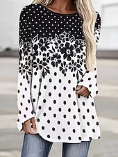 baratos Camiseta floral-Mulheres Camiseta Imprimir Floral Gráfico Poá Vintage à moda Clássico Manga Longa Gola Redonda Decote Redondo Tops regulares Diário Branco / Preto Preto Branco Primavera Outono