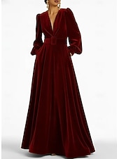 economico Abiti da Sera a Linea A-Abito da sera A-Line rosso nero blu in velluto elegante formale per matrimonio autunnale lungo fino al pavimento con maniche lunghe scollo a V tasca con spacco tasca