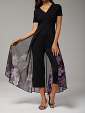 billige uformell kjole-damejumpsuit svart tencel chiffon gradient paneled imitert todelt flagrende gjennomsiktig stretch blomstertrykk v-hals fest ferie vår sommer