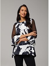 ieftine cămăși, topuri și bluze-Bluză de damă neagră cu imprimeu floral, șifon elastic, mâneci scurte, decolteu tip bateau, casual, confortabil, primăvară, vară, toamnă, vacanță