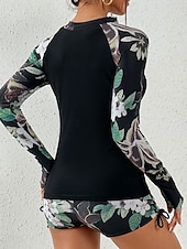 baratos Tankinis-Maiô Tankini Feminino 2 Peças Short Controle de Barriga Cintura Alta Slim Costas Descobertas Roupas de Praia de Férias Floral Folhas Decote Alto Com Mangas Longas