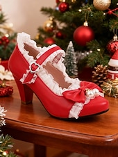 preiswerte Retro-Stil der 1950er Jahre-Rote Mary-Jane-Pumps für Damen mit Schleife und Perlenverzierung – eleganter Lolita-Stil der 1950er Jahre, perfekt für Weihnachtsfeiern, formelle Anlässe und besondere Gelegenheiten.