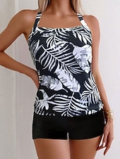 economico Tankini-Costume da bagno tankini da donna 2 pezzi pantaloni corti palma controllo pancia vita alta slinguato senza schiena vacanza in spiaggia scollatura a giro floreale senza maniche