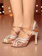 abordables Zapatos de baile latino-Zapatos de baile latino para mujer con pedrería: sandalias profesionales de salón para salsa y tango, con diseño de tiras y tacón alto, ideales para competición o actuaciones.
