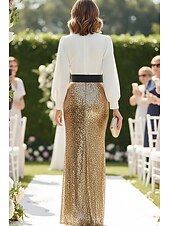 cheap Sheath Evening Dresses-Sheath Column Floor Length Sequin Dress Mother of the Bride Dress Long Sleeve V Neck Elegant Satin Sequined with Sash / Ribbon