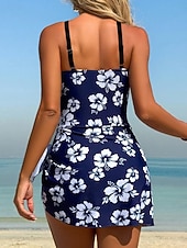 billiga One-piece-baddräkter-Kvinnors En-delad baddräkt med kjol Monokini Hög skärning Magekontroll Hög midja Slim Backless Semester Vintage Blommig Grafisk U-krage Ärmlös Baddräkt