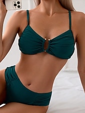 economico Bikini-Costume da bagno due pezzi bikini da donna con arricciature perizoma con ferretto slanciato controllo della pancia vita alta senza schienale abbigliamento da spiaggia per le vacanze colore solido