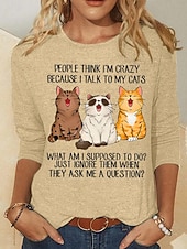 billige Dyrene tee-Dame T skjorte Trykt mønster Grafisk Dyr Katt Mote Fritid Kortermet Langermet Crew-hals Rund hals Vanlige topper Daglig Helg Svart Hvit Rosa Grønn Kakifarget Sommer Vår Høst