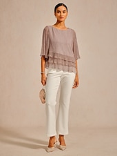  Naisten Pusero Sifonki Topit Pitsi Topit Rypytetty Kimallus Yhtenäinen väri Tyylikäs 3/4 hiha Tiukka pyöreä kaula-aukko Häävieras Pyhäpäivä Punastuvan vaaleanpunainen Kesä Kevät Syksy