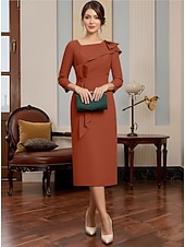 voordelige Thee Lengte-Sheath Column Tea Length Party Dress Cocktail Dress Wedding Guest Dress Mother of the Bride Dress Long Sleeve Square Neck Elegant Minimalist Formal Wedding Guest Stretch Fabric with Ruched Beading