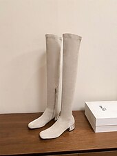 お買い得  ファッションブーツ-ラインストーンブロックヒール、ジッパー開閉、冬や夜のお出かけにぴったりのスタイリッシュでエレガントなレディースニーハイスエードブーツ。