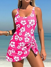 billiga One-piece-baddräkter-Kvinnors En-delad baddräkt med kjol Monokini Hög skärning Magekontroll Hög midja Slim Backless Semester Vintage Blommig Grafisk U-krage Ärmlös Baddräkt