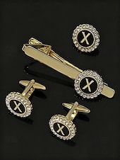 Недорогие Свадьба ACC-Комплект из мужского зажима для галстука, запонок и булавки для лацкана из сплава – элегантный черно-золотой дизайн с кристаллами, персонализированный 26 инициалами, идеальный подарок для официальных мероприятий и делового дресс-кода