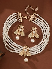 voordelige Huwelijk ACC-Dames parelbijen sieradenset - elegante meerlaagse chokerketting en oorbellen met goudkleurig insectenontwerp voor feesten, bruiloften en vintage mode-looks