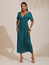 economico Abiti floreali-Abito midi a portafoglio arricciato con scollo a V in lino tencel arancione rosso da donna