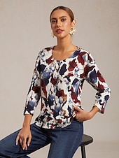 economico camicie, top e camicette-camicetta da vacanza con stampa a pennello e scollo tondo elasticizzato