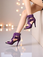 abordables Zapatos de baile latino-Zapatos de tacón de satén con cordones para baile latino de mujer - zapatos profesionales de salón de baile con punta abierta para bailarinas
