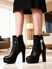 お買い得  プラットフォームブーツ-ラインストーンのディテールが施されたレディースのブラックアンクルブーツ。フォーマルなシーン、パーティー、夜のお出かけにぴったりのシックなイブニングスタイルのプラットフォームブーツ。