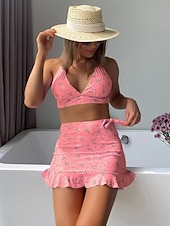 tanie 3-częściowy zestaw bikini-Strój Kąpielowy Damski Bikini 3 Częściowy Z Spódnicą Smukły Bez Pleców Letni Strój Plażowy Kwiatowy Sznurek Bez Rękawów