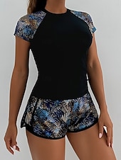 economico Tankini-Costume da bagno tankini da donna 2 pezzi pantaloni corti palmo controllo pancia vita alta slinguato senza schiena vacanza in spiaggia scollatura rotonda floreale con maniche corte