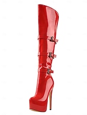 abordables Bottes de plate-forme-Bottes cuissardes rouges vernies pour femme - bottes de soirée à talons aiguilles ultra hauts avec brides à boucle. &amp;vêtements de club
