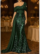 cheap Ball Gown Evening Dresses-Mermaid Trumpet Sweep Brush Train Evening Gown Ball Gown with Overskirt Formal Dress Elegant Glittering Sparkle Sleeveless Off Shoulder Wedding Formal Satin Sequined with Glitter Pleats