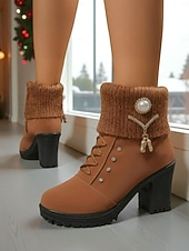 baratos Botas de neve e inverno-Botas femininas marrons de cano curto com salto alto – botas de inverno de couro sintético com cadarço, punhos de tricô e detalhes em pérola, perfeitas para o Natal e looks do dia a dia.