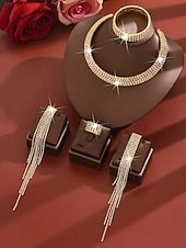 Недорогие Женское ожерелье-Женский комплект украшений из золота со стразами: сверкающее колье, серьги, браслет &amp;набор колец для коктейльных вечеринок, свадеб и официальных мероприятий
