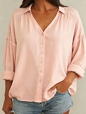 preiswerte Damen Einfache Oberteile-Damen Hemd Bluse Einfach Elegant Stilvoll Langarm V Ausschnitt Normale Oberteile Täglich Ferien Ausgehen Gerafft Knöpfe Weiß Hellgrün Rosa Himmelblau Sommer Frühling Herbst Winter