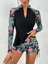baratos Tankinis-Maiô Tankini Feminino 2 Peças Short Controle de Barriga Cintura Alta Slim Costas Descobertas Roupas de Praia de Férias Floral Folhas Decote Alto Com Mangas Longas
