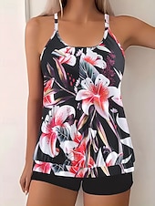 tanie Tankini-Damskie Stroje kąpielowe 2 szt Krótkie spodnie Kostium kąpielowy Odkryte plecy Urlop Stroje plażowe Kwiaty Dekolt w kształcie litery U Bez rękawów Kostiumy kąpielowe