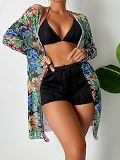 preiswerte 3-teiliges Bikini-Set-Damen Bikini 3-teilig Badeanzug Palm Shorts Bauchkontrolle Hohe Taille Slim Rückenfrei Urlaub Strandbekleidung Blumen Halterhals Ärmellose Bademode