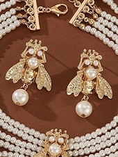 voordelige Huwelijk ACC-Dames parelbijen sieradenset - elegante meerlaagse chokerketting en oorbellen met goudkleurig insectenontwerp voor feesten, bruiloften en vintage mode-looks