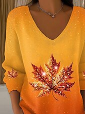 olcso Pulóverek és felsők-Női Pulóver Divat Utcai sikk Alkalmi Virágos Grafika Színátmenet V-alakú Túlméretezett Kötött Hosszú ujj Normál felsők Kötött Szabadtéri Napi Narancssárga Tavasz Ősz