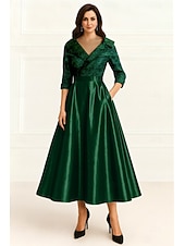 cheap Ankle Length-A-Line Tea Length Party Dress Cocktail Dress Wedding Guest Dress Mother of the Bride Dress 3/4 Length Sleeve V Neck Elegant Formal Wedding Guest with Side-Draped