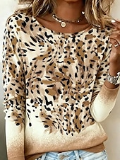 cheap Art&amp;Design tee-New Year Women's Plus Size T Shirt Print Graphic Leopard Fashion Stylish Basic Long Sleeve Crew Neck V Neck Regular Tops Daily Going out Weekend Pink Khaki Spring Fall