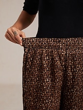 billige damebukser-viskosesilke elastisk midje rynkete leopardprint rette bukser på ferie